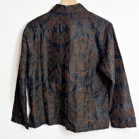 CHICOS JACKET WOMENS 1 BROWN SILK BEADED MEBROIDERED BUTTON FRONT TOP MEDIUM - Picture 3 of 7